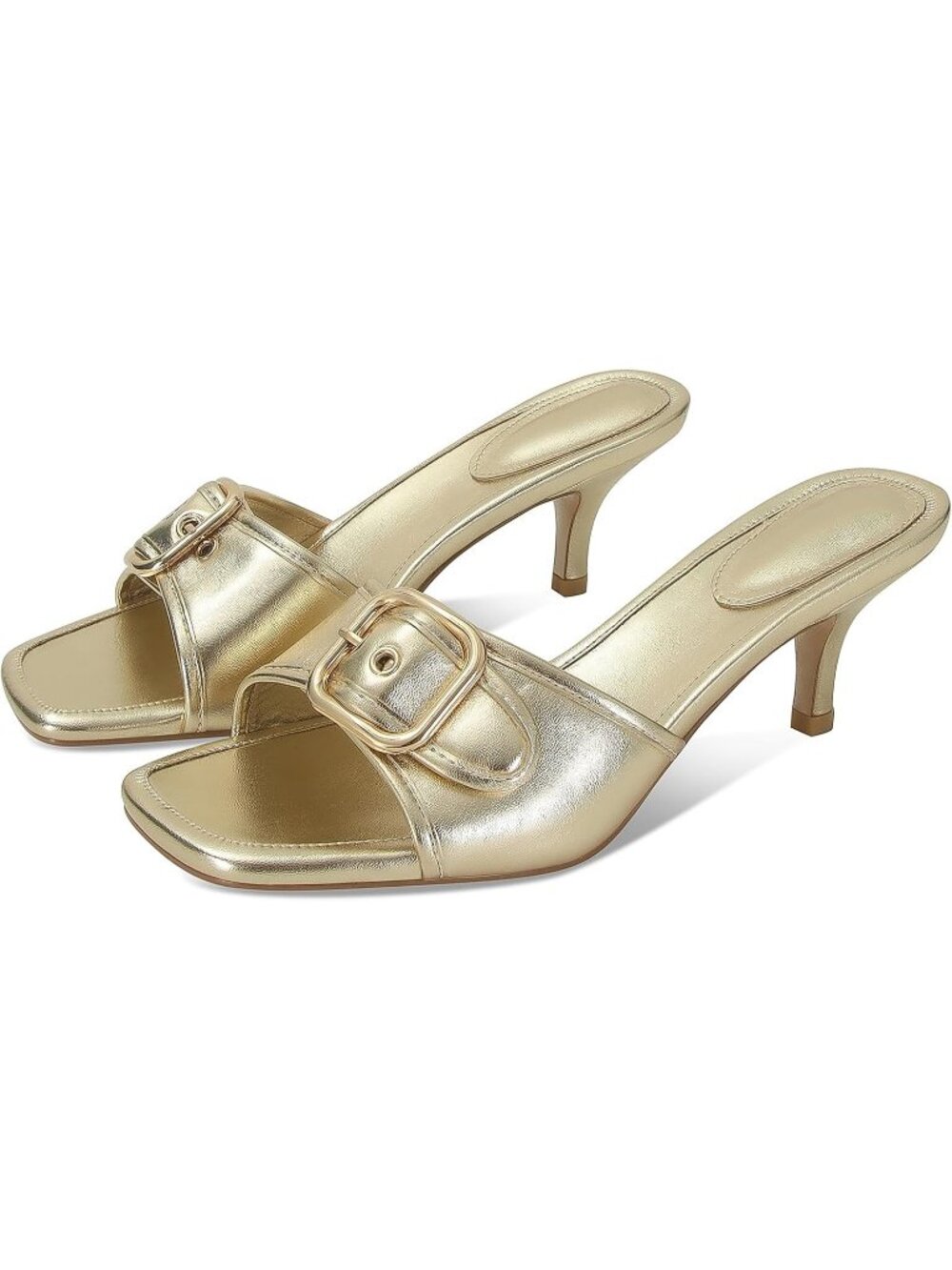 Women's Gold Leather Square-Toe Buckle Accent Kitten Stiletto Heel Mule Sandal
